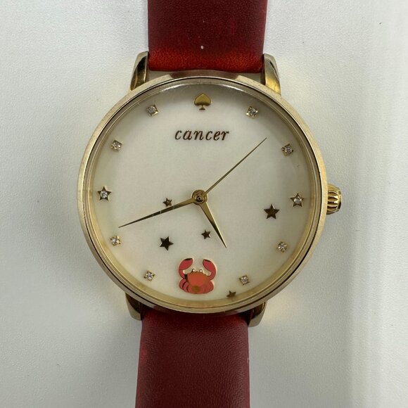 Kate Spade Cancer Zodiac Watch Women Gold Tone Maroon Leather Band New Battery - Picture 1 of 14